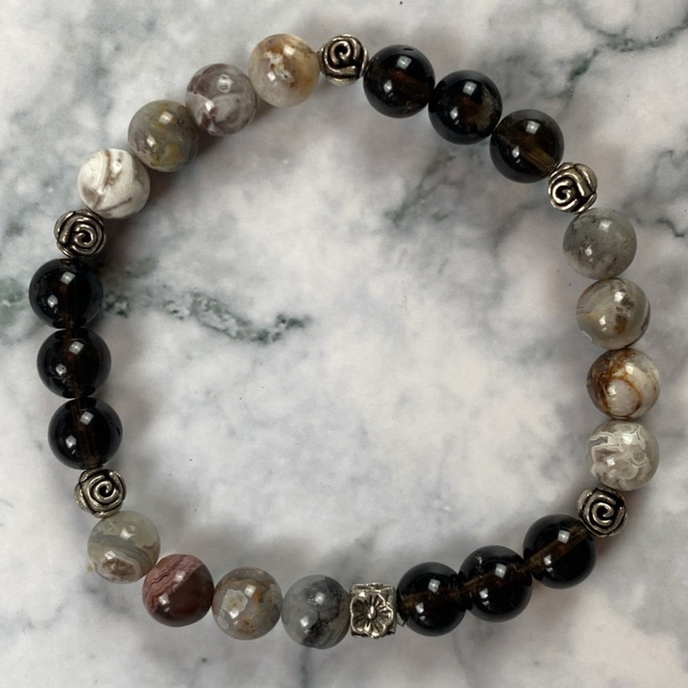 Handcrafted Botswana Agate and Smoky Quartz Beaded Bracelet